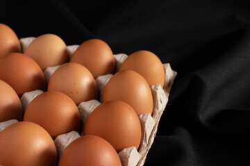 Chicken eggs in panel on black background