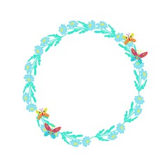 Round frame of daisies decorated with butterflies, vector floral arrangement with spring flowers, cartoon style, hand draw.