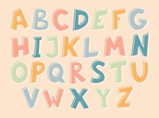 Hand-drawn cute English alphabet. Green, yellow, red and white letters on a pink background. Vector illustration.