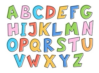 Hand-drawn cute English alphabet. Green, yellow, red and white letters on a white background. Vector illustration.