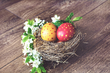 Easter Eggs with Dots  in Real Nest with White Cherry Blossoms   on a  Wooden Background  .Easter Retro Background
