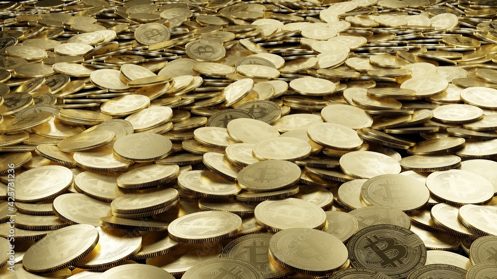 Poster 3d rendering of big pile of count less golden bitcoins stacking on each other. for crypto currency b
