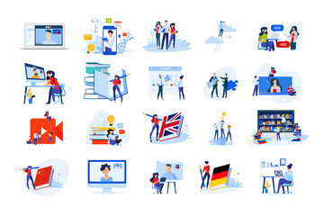 Set of modern flat design people icons of distance education, e-learning, school, video call, online training and course, webinar, video tutorial, language school, teaching, books and library. 