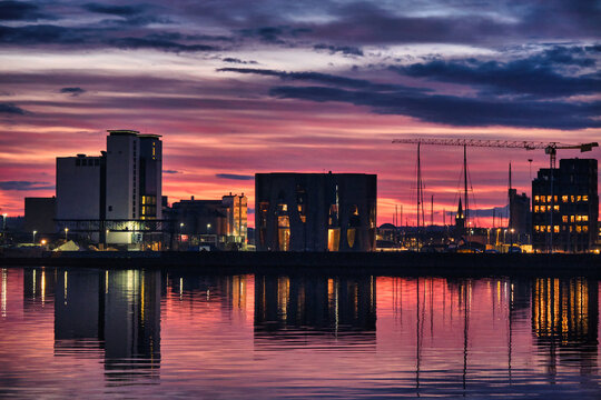 Vejle harbor front seen from the Fjord with Fjordenhus, Denmark