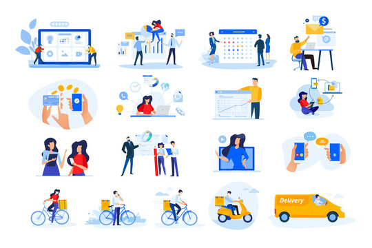 Set Of Modern Flat Design People Icons. Vector Illustration Concepts Of Delivery, Ebanking, Communication, Project Development, Business Management, Internet Marketing, Seo, Video Calling.