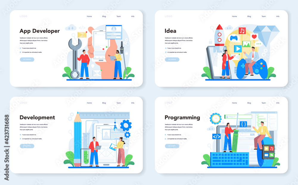 Poster mobile app development web banner or landing page set. modern technology