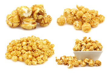 pieces of caramel  popcorn and some in a  bowl on a white background