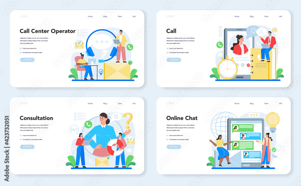 Poster call center or technical support web banner or landing page set.