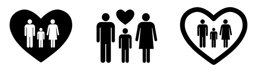 Fototapeta na wymiar Family signs. Child, dad and mom stand together with the hearts. Vector illustration.