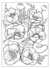 Coloring page with poppies and leaves. Vector page for coloring. Flower Colouring page. Floral print. Outline poppies. Black and white page for coloring book. Anti-stress coloring. Line art flowers 	
