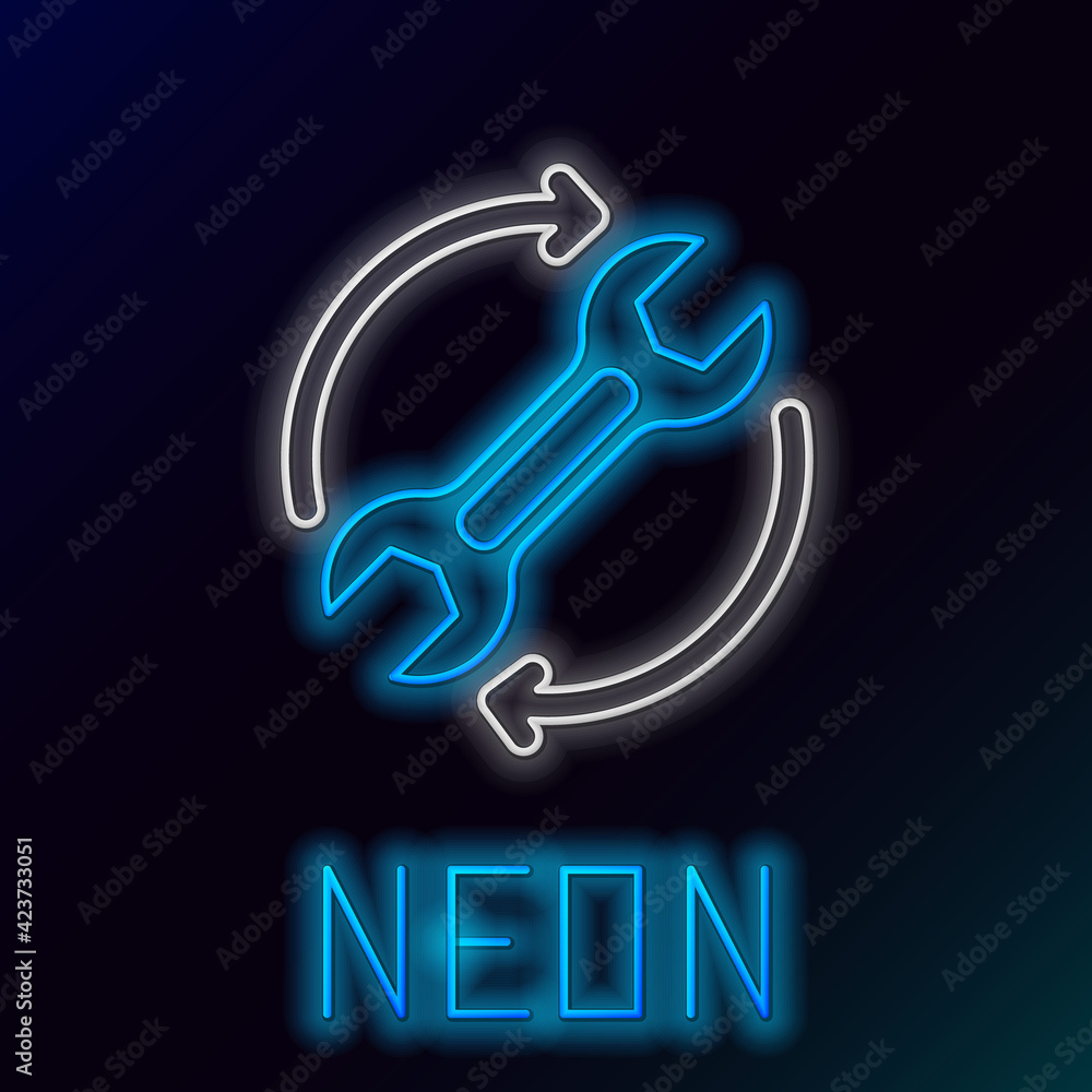 Poster glowing neon line wrench spanner and arrows as workflow icon isolated on black background. adjusting