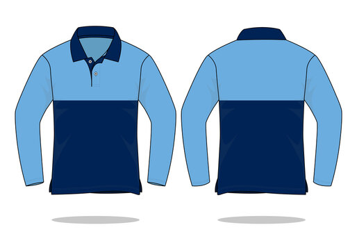 Two Tone Long Sleeve Polo Shirt Light Blue-Navy Blue Design Vector.Front And Back View.