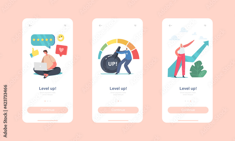 Poster level up mobile app page onboard screen template. business characters increase level quality, custom