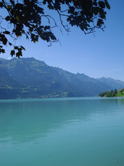 beautiful lake brienz in Interlaken switzerland with mountains in background
