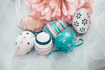 Easter background with Easter eggs. Top view with copy space.