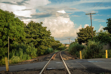 Railroad crossing in a rural area with blue sky, late afternoon.