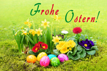 Happy Easter, Easter card with Easter eggs and spring flowers