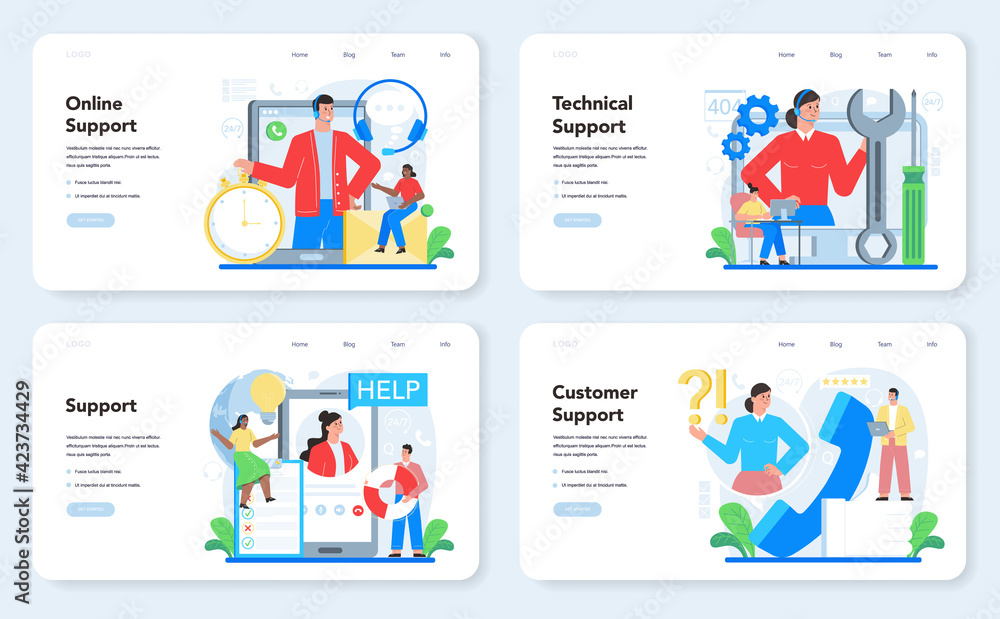 Aufkleber technical support web banner or landing page set. idea of customer service