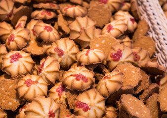 crispy cookies in wicker baskets on the counter
