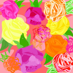 Abstract multilayer floral pattern with colored roses and leaves on pink background