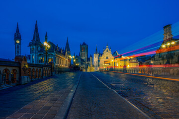 The St. Michael Bridge in Ghent at night, Belgium.