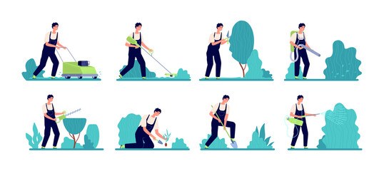 Gardener worker. Person work, rural organic farming or backyard garden services man. Professional farm care bush plants and tree vector set
