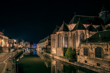 Fototapeta na wymiar Ghent old town at night, Belgium.