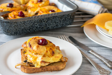 Open faced sandwich with grilled chicken breast, onion, pineapples and cheese