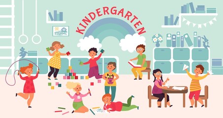 Fun kindergarten characters. Kids imagination development, children room in hospital. Cartoon preschool baby playing decent vector banner