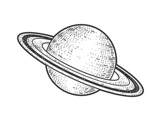 Saturn with rings planet in Solar system sketch engraving vector illustration. T-shirt apparel print design. Scratch board imitation. Black and white hand drawn image. © Oleksandr Pokusai