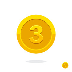 First place. Second place. Third place. Golden medal. Coin icon. Vector money symbol. Bank payment symbol. Golden coin. Achievement badge. Reward badge. Tokens with numbers. 1st, 2nd, 3rd places award