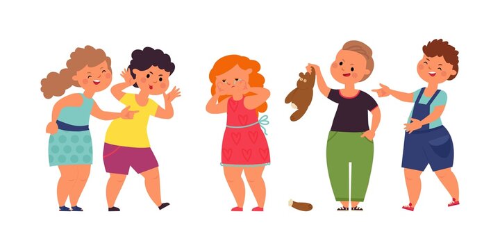 Bullying children. Agressive teenage, teens mockery girl. Flat depressed kid, school bully friends abuse little child decent vector concept