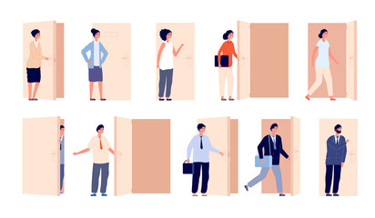 People at door. Open doors, business man opened entry or exit. Cartoon women men looking or peeking, boss watching from aisle utter vector set