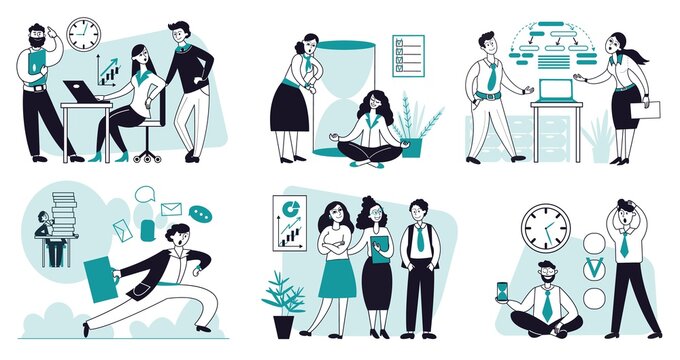 Successful time management. Work task, office schedule and calendar. Workplace organization, productive decent business people vector scenes