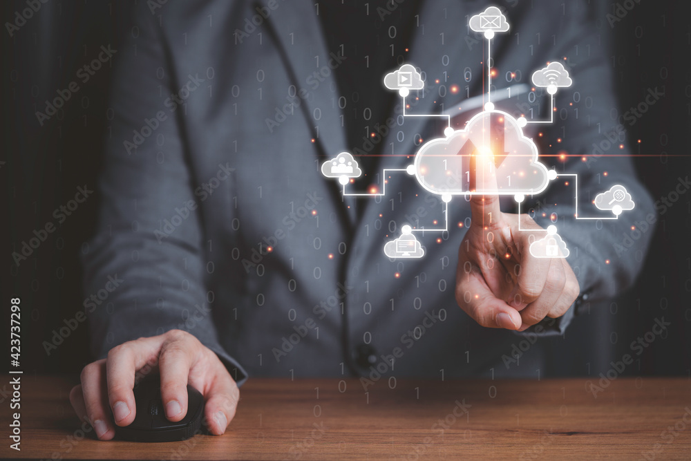 Aufkleber businessman touching virtual cloud computing with connect to technology icons , technology transform