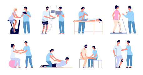 Fototapeta na wymiar Medical rehabilitation. Flat rehab people collection, clinic of physiotherapy exercise. Disability patient, orthopedic disorders utter vector set
