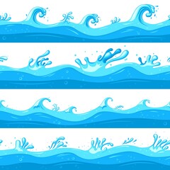 Fototapeta na wymiar Cartoon sea waves. Ocean flow, game wave flat clipart. Cartoon blue sea or river surface, water splashes shapes recent vector seamless pattern