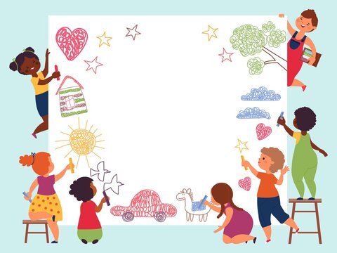Children painting banner. Kid hand drawing, creative girl and boy draw together. Art school, kindergarten or preschool decent activities vector concept