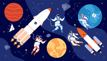 Space explorer set. Moving characters, cosmonaut cartoon in galaxy. Spaceman flying to moon, astronaut planets exploration utter vector concept © MicroOne