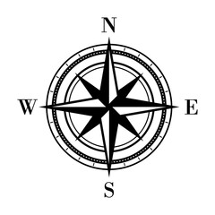 Compass icon. Detailed compass with directions. North, south, west, east indicated with arrows. Navigation concept. Geographical graphic element. Outdoor equipment. Vector illustration, flat, clip art