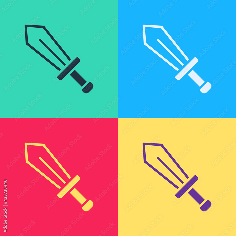 Poster pop art sword for game icon isolated on color background. vector