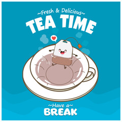 Vintage food poster design with vector tea bag character.
