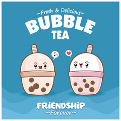 Vintage food poster design with vector bubble tea character.