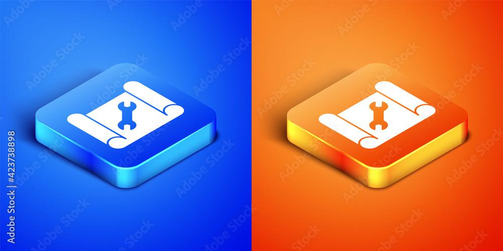 Poster isometric graphing paper for engineering and wrench icon isolated on blue and orange background. squ