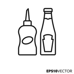 Barbecue seasoning line icon. Outline symbol of ketchup bottle and sauce dispenser. BBQ topping vector illustration.