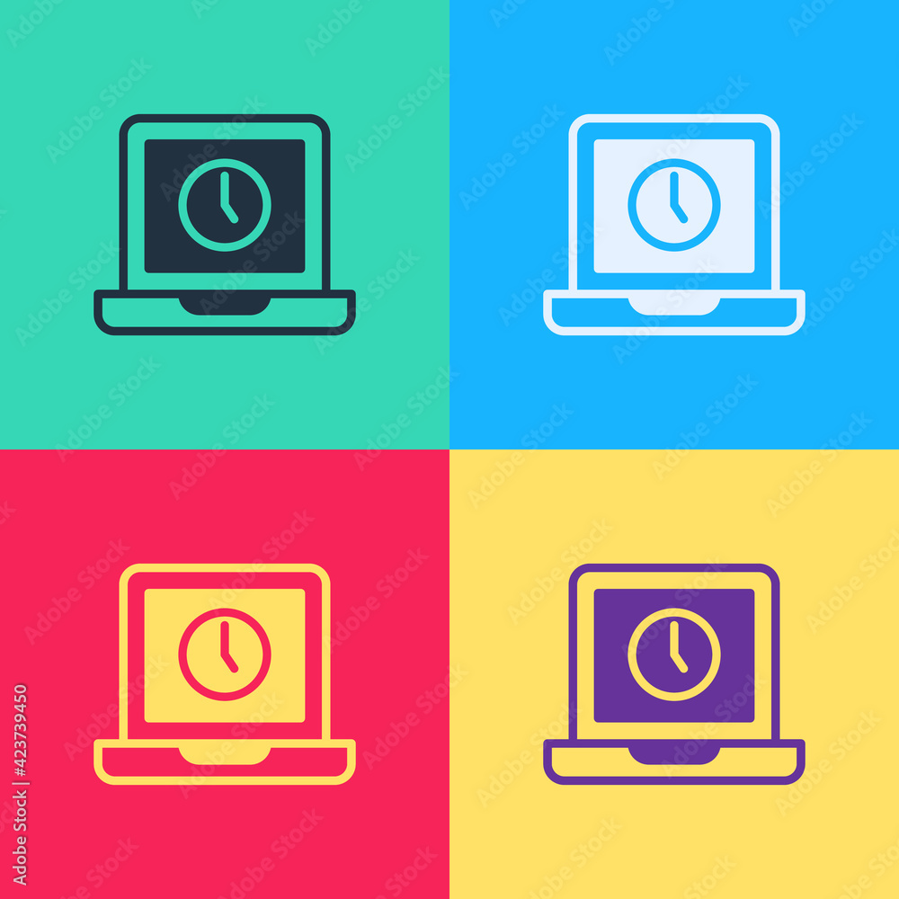 Poster pop art laptop time icon isolated on color background. computer notebook with empty screen sign. vec