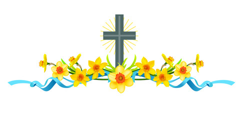 Spring holiday floral borders set with daffodils and cross.