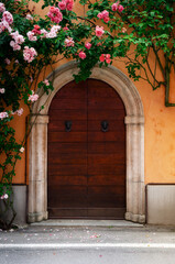 Ancient wooden ornate arch door on an orange painted wall covered by pink roses, flower and green leaves - 423740806