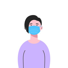 A white woman wearing a medical mask isolated on white background. Coronavirus protection, pandemic prevention measures. COVID-19 prevention concept. Vector flat