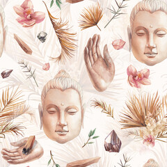 Watercolor spirituality seamless pattern. Buddhism meditation wallpaper in boho chic style.